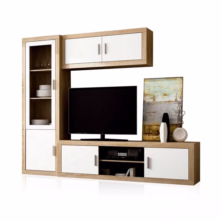 Salón modular Nuka V1 de Duehome en blanco y gris con gran capacidad de almacenaje An/P/Al: 240 x 193,2 x 41,4 cm