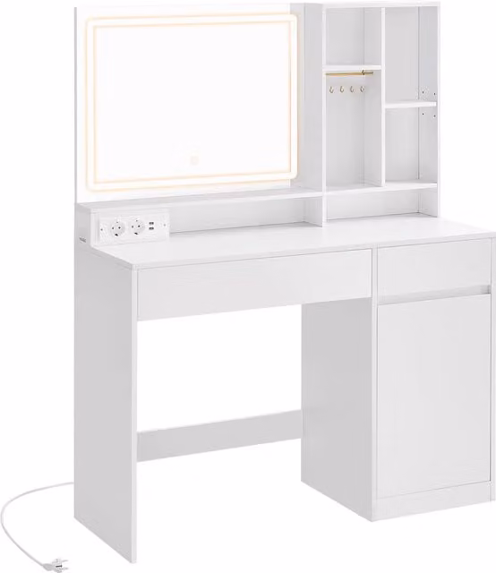 Tocador VASAGLE con luces LED y regleta de enchufes, color blanco, Ancho: 110 cm