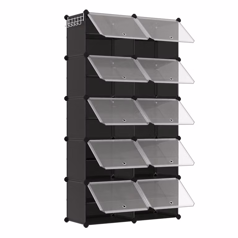 Zapatero modular SONGMICS con puertas de cristal, estructura de metal y plástico, color negro, 10 compartimentos para 40 pares de zapatos, An/P/Al: 125 x 32 x 165 cm