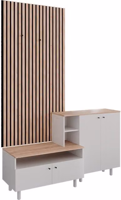 Conjunto de recibidor Vicco Elano de 2 piezas en blanco y roble con panel y zapatero An/P/Al: 140 x 80 x 39,6 cm