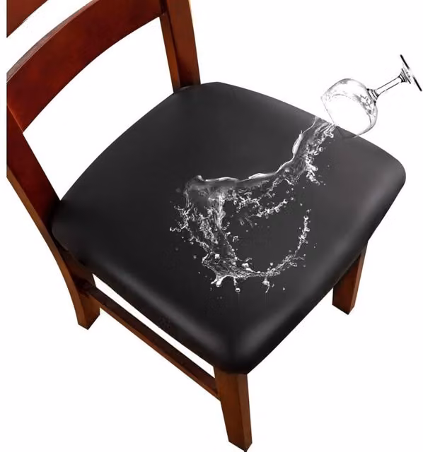 Juego de 4 fundas elásticas impermeables de piel sintética XISRENS para sillas de comedor y cocina en color negro