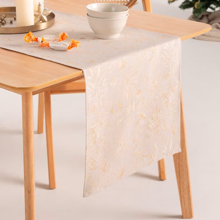 Camino de mesa de Navidad Gamusi en jacquard de algodón con diseño floral, color beige y oro, An/P: 45 x 135 cm