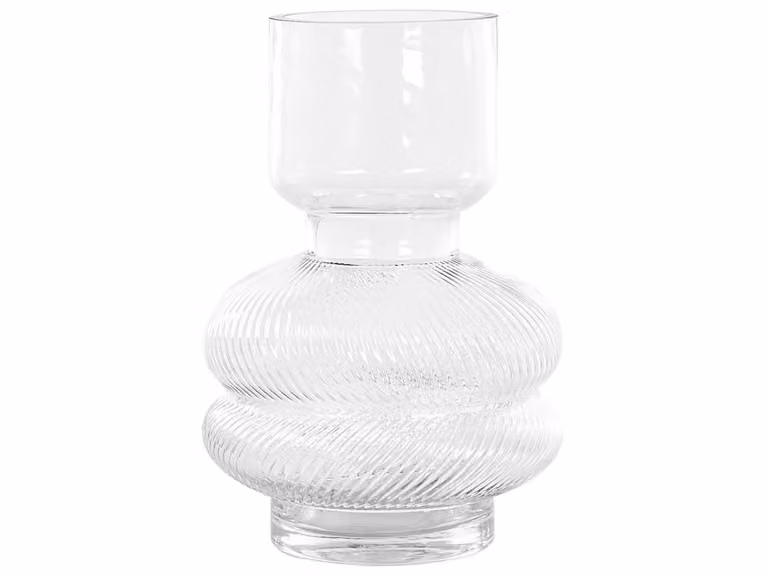 Jarrón de vidrio moderno Beliani con diseño de rayas y acabado transparente, Altura: 24 cm