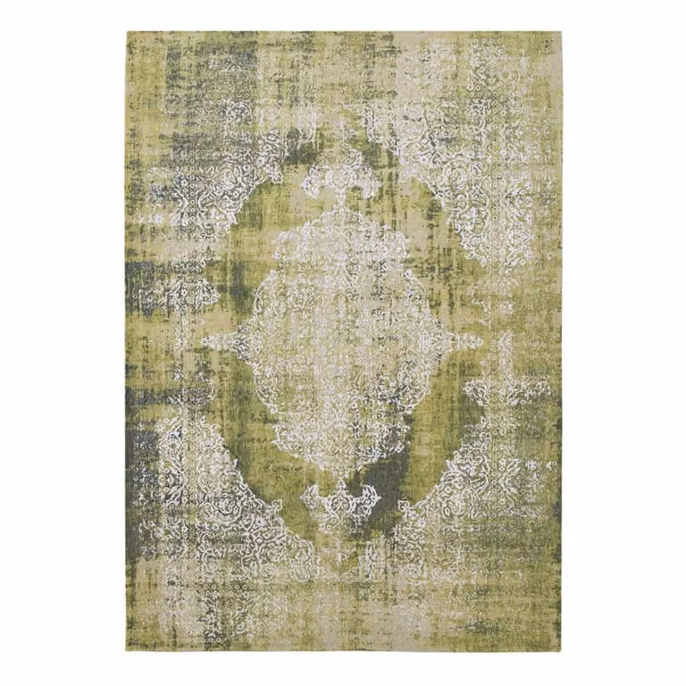Alfombra Kirman de Louis de Poortere, diseño abstracto vintage en color verde, An/P: 80 x 150 cm