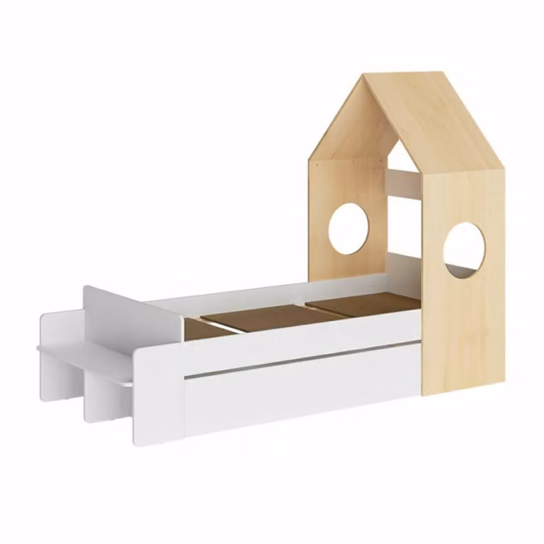 Cama infantil con estructura de casa y cajones ID Kids en blanco y roble, An/P/Al: 90 x 190 cm