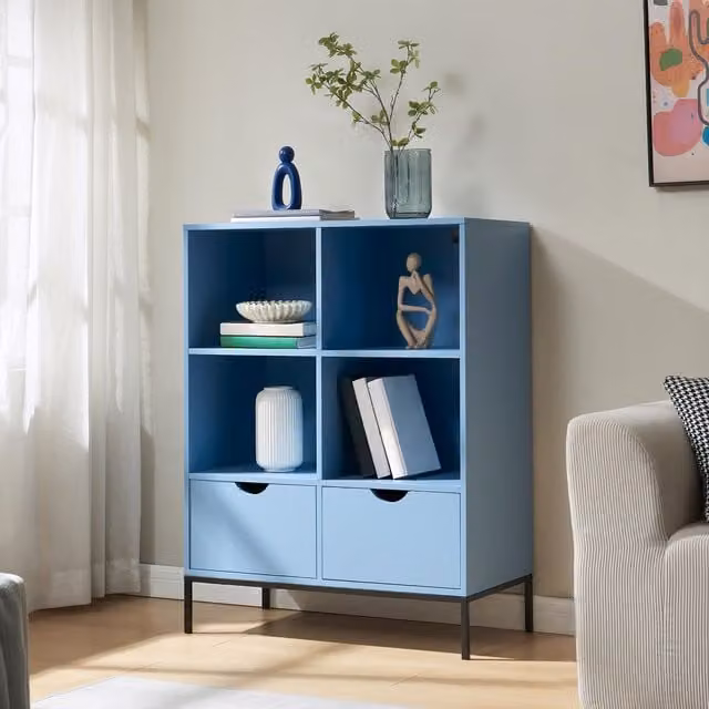 Librería Colwyn en.casa con 2 cajones y 4 compartimentos, color azul, An/P/Al: 105 x 40 x 80 cm