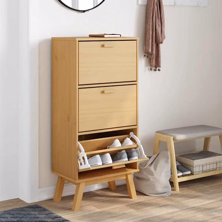 Zapatero OLDEN de vidaXL en madera de pino maciza color marrón con estilo rústico, An/P/Al: 55 x 35 x 120 cm