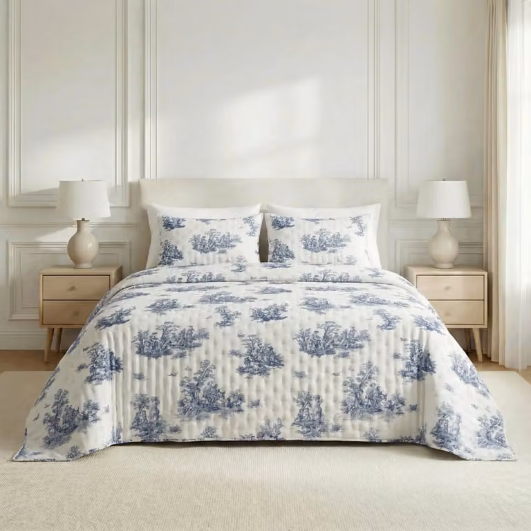 Colcha acolchada con estampado floral en azul y blanco para cama de 90 cm, An/P: 180 x 270 cm