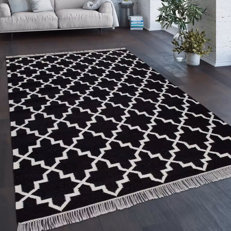Alfombra Paco Home de diseño marroquí con flecos, tejida a mano en lana y algodón, color blanco y negro, An/P: 80 x 150 cm