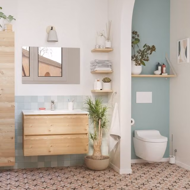 Mueble de baño colgante Ondee de madera con 2 cajones y cierre suave en color blanco y marrón de 80 cm