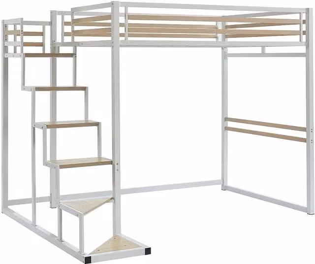 Cama alta Jogui en color blanco fabricada en metal y MDF con dimensiones de 140 x 200 cm