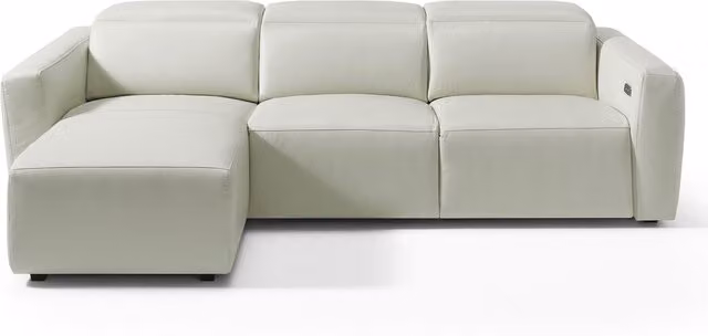 Sofá de piel Trento de El Corte Inglés con 5 plazas, chaiselongue izquierda y 2 asientos relax eléctricos en color blanco
