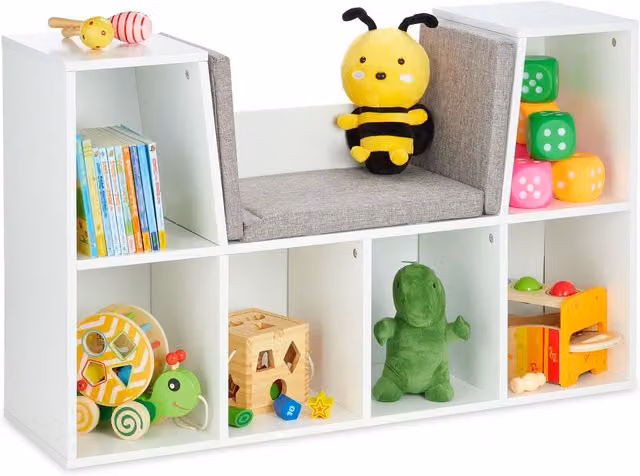 Estantería infantil con cojín de asiento NORTHIX de madera en color blanco y multicolor con diseño moderno de cubos y panel trasero