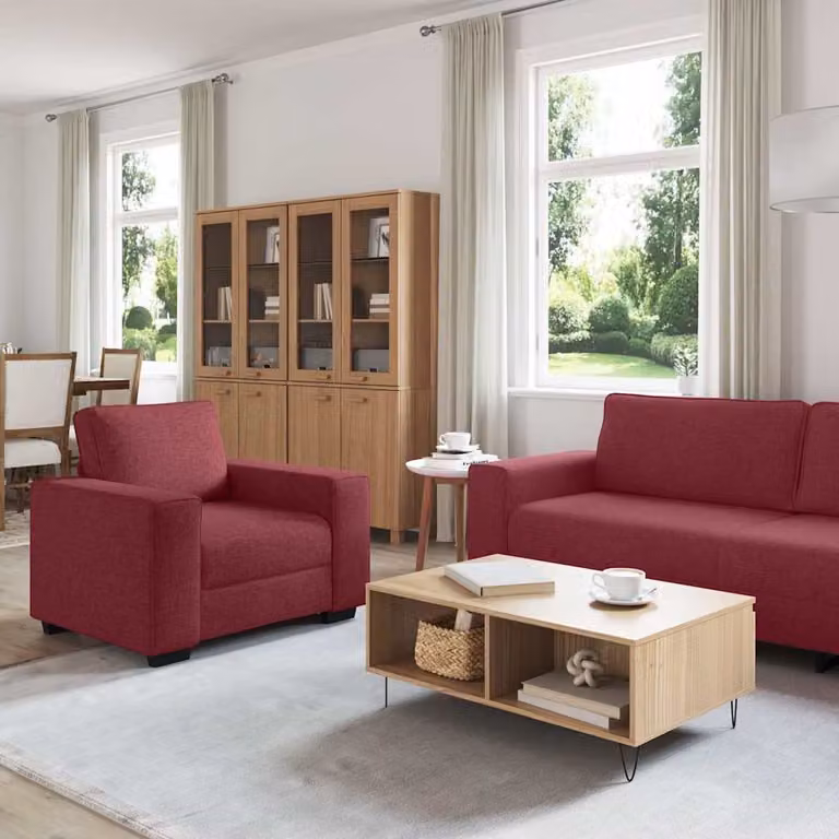 Juego de sofá de 3 piezas vidaXL con cojines, tapizado en tela color rojo, diseño moderno con estructura mixta de madera y metal para salón o despacho, An/P/Al: 221 x 82 x 77 cm