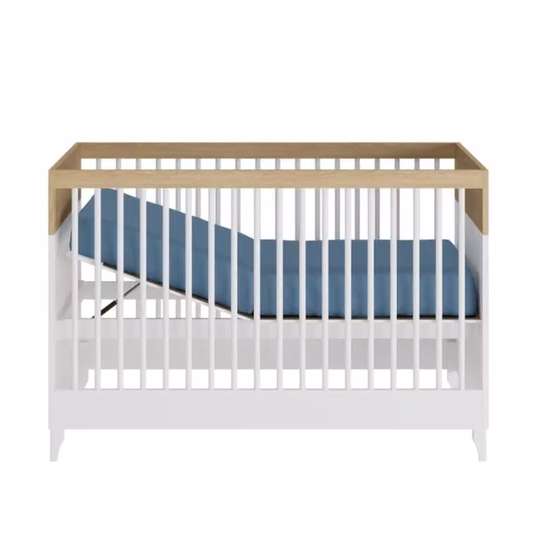 Cuna para bebé ID Kids de estilo escandinavo en color blanco y beige con acabado de madera de roble, An/P/Al: 135.2 x 70 x 76.2 cm