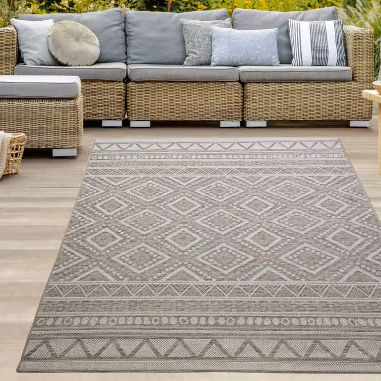 Alfombra redonda Teppich-Traum con diseño étnico y geométrico en beige y marrón, efecto sisal para salón o terraza, Diámetro: 120 cm