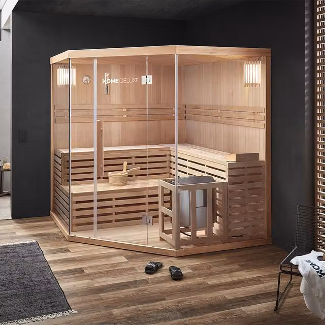 Sauna tradicional finlandesa Home Deluxe SKYLINE BIG XL de madera color marrón para 6 personas An/P/Al: 200 x 200 x 200 cm