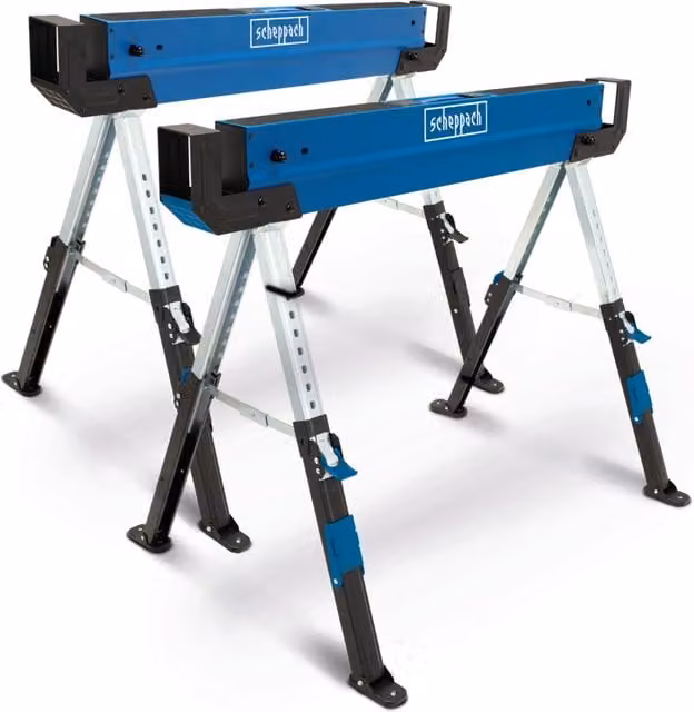 Set de 2 caballetes plegables y regulables en altura Scheppach MWB600 en acero inoxidable color azul, Altura: 82 cm