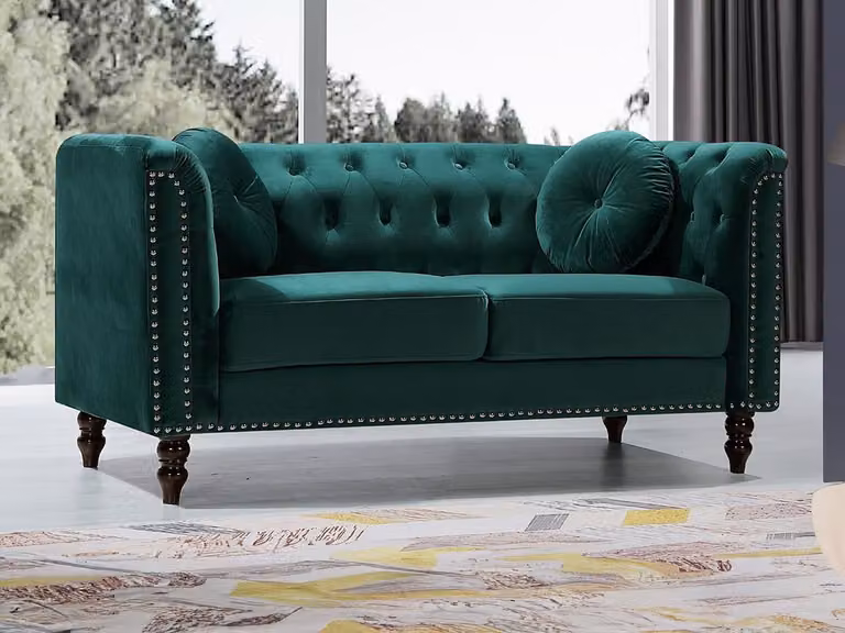 Sofá de 2 plazas estilo Chesterfield VENTE-UNIQUE en terciopelo verde con estructura de madera maciza y cojines incluidos