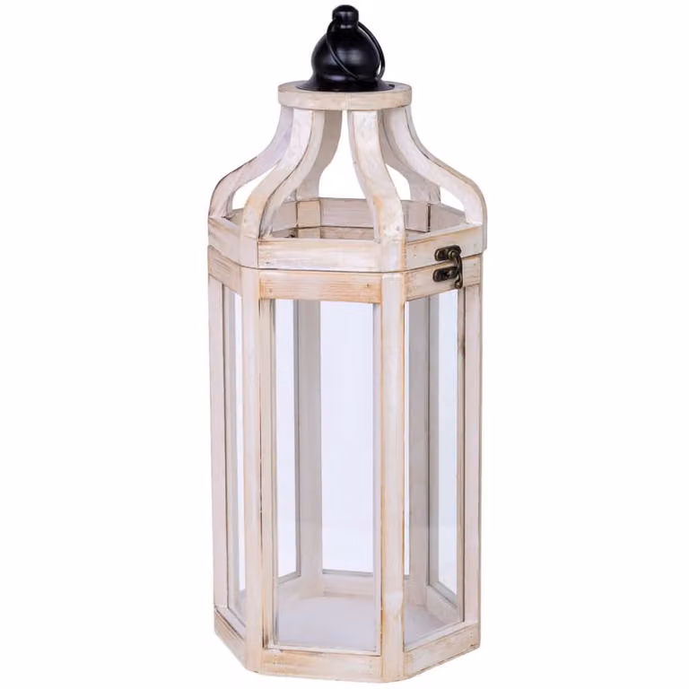 Farol portavelas colgante Wanderlust deco de madera, hierro y cristal en color blanco, An/P/Al: 21 x 19 x 51 cm