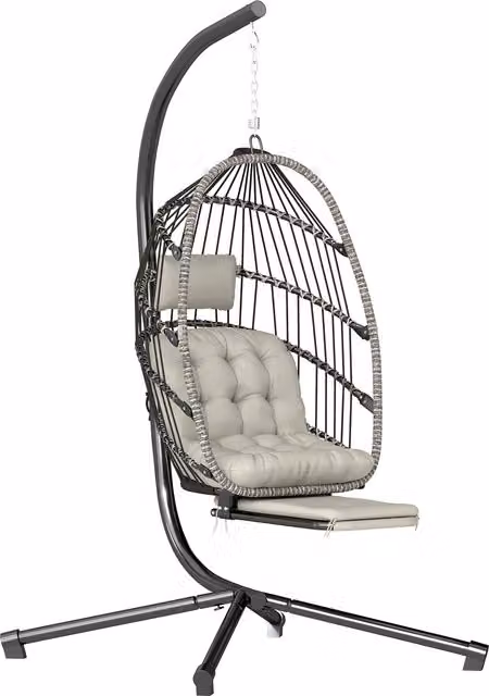 Sillón colgante Outsunny con soporte y reposapiés retráctil, silla tipo huevo plegable en gris claro para jardín o terraza