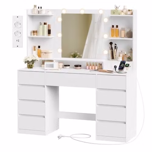 Tocador VASAGLE con espejo LED estilo Hollywood y 9 cajones en color blanco