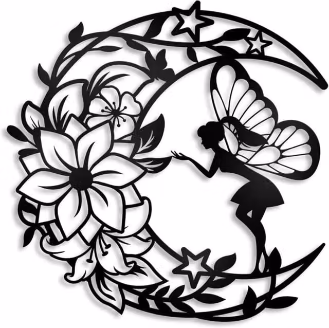 Decoración de pared de metal XISRENS con diseño de hada, flor y luna en color negro, An/An/Al: 30 x 30 cm