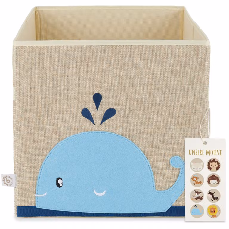 Caja de juguetes plegable con asas diseño ballena de Bieco en color azul, beige y arena