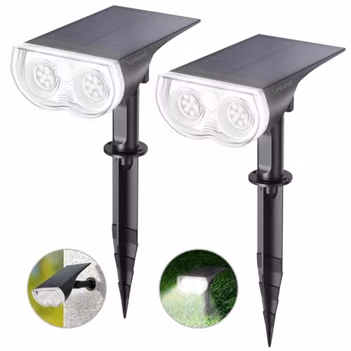 Pack de 2 focos solares LED Linkind para exterior con sensor de luz, iluminación blanca fría 6500K de 650lm, lámparas solares impermeables IP65 para jardín, terraza y caminos