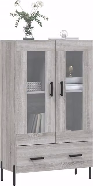 Aparador alto moderno SYFAX en gris con puertas de cristal y cajones, An/P/Al: 69,5 x 31 x 115 cm