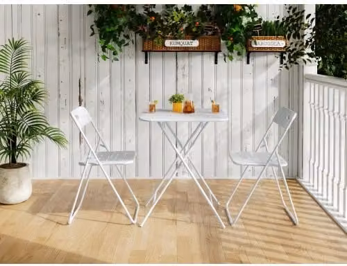 Set de mesa y 2 sillas plegables OKWISH para jardín o terraza, mesa redonda de acero blanco resistente a la intemperie, An/P/Al: 60 x 60 x 76 cm