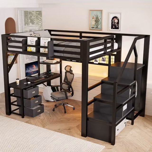 Cama alta OKWISH para niños con escritorio, armario, 3 cajones e iluminación LED en negro, An/P/Al: 200 x 140 x 170 cm