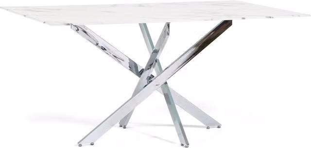 Mesa rectangular moderna Morgan con tapa de vidrio efecto mármol blanco y patas de metal plateadas An/P/Al: 160 x 90 cm