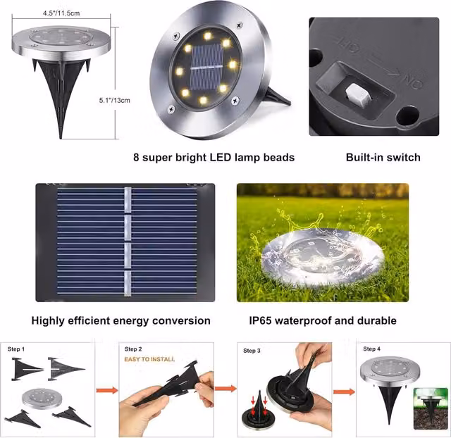 Foco Led Empotrable XVX para Exteriores con 8 Leds de Luz Blanca Cálida, IP65, Diseño Redondo en Acabado Plateado para Jardín, Caminos y Escaleras