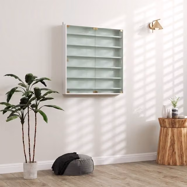 Vitrina de pared Homcom moderna en melamina de madera y vidrio blanca An/P/Al: 80 x 9,5 x 83 cm