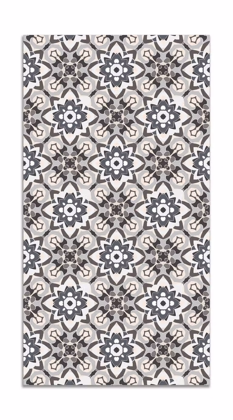 Alfombra vinílica de diseño oriental floreado en color gris, An/P: 80 x 300 cm