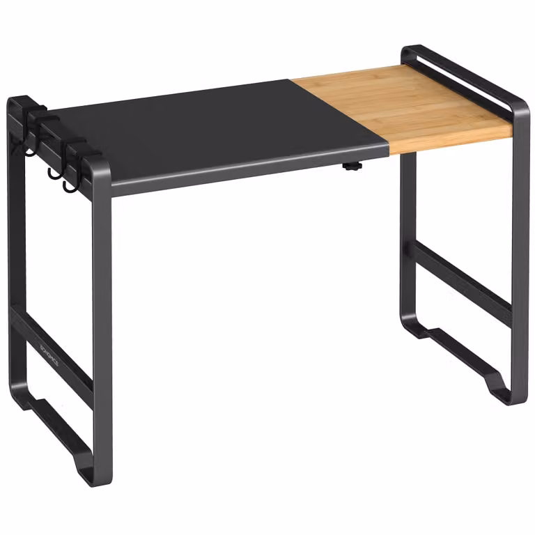 Estante expandible para microondas Songmics de acero y bambú en color negro y beige con 4 ganchos y anchura ajustable de 41,5-64 cm