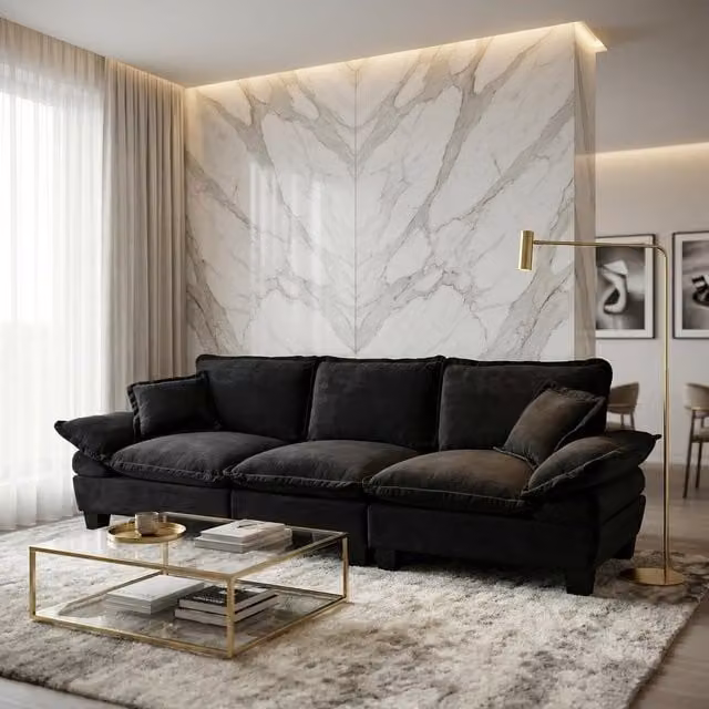Sofá modular Velero de la marca KELLANY, de 3 plazas, tapizado en chenilla color negro con estructura de madera sólida y reposabrazos curvos para tu salón.