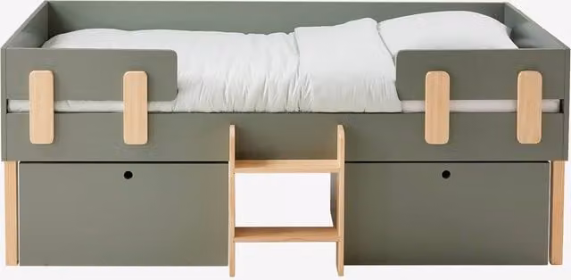 Cama de media altura con almacenaje EVEREST de VERTBAUDET en color caqui para niños, An/P/Al: 190 x 90 x 103 cm