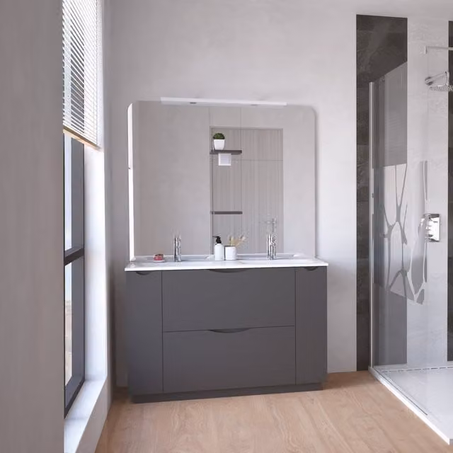 Mueble de baño de apoyo ONDÉE Palermo con 2 cajones, 2 puertas con cierre suave, espejo con iluminación LED y toma de corriente, Ancho: 120 cm, Gris Antracita