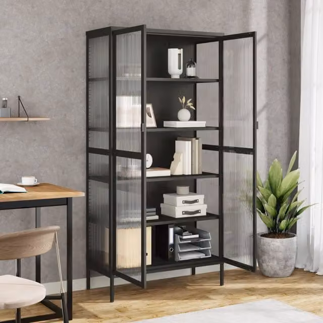 Aparador alto moderno SYFAX de metal y vidrio negro con puertas de cristal, An/P/Al: 85 x 40 x 180 cm