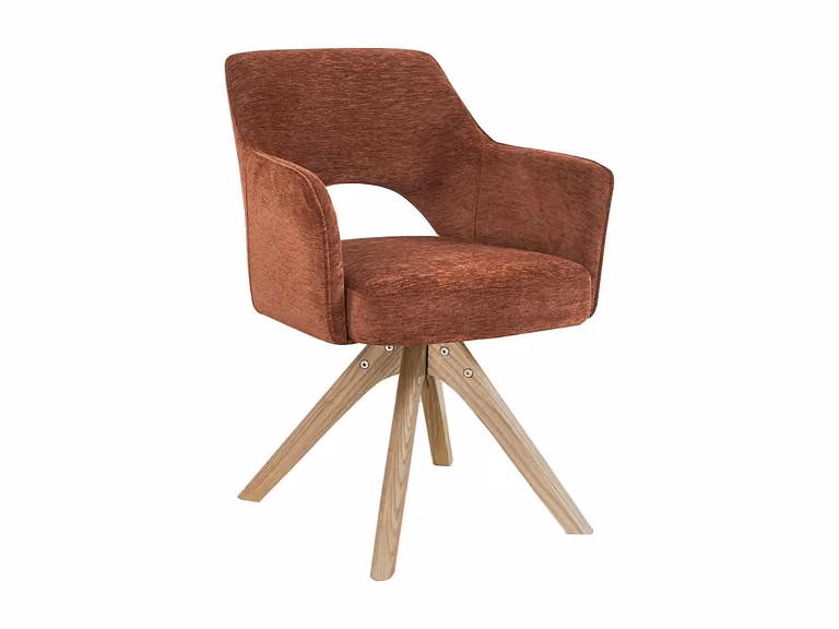 Silla giratoria con reposabrazos KONYA de VENTE-UNIQUE en tela texturizada y madera de roble, color naranja