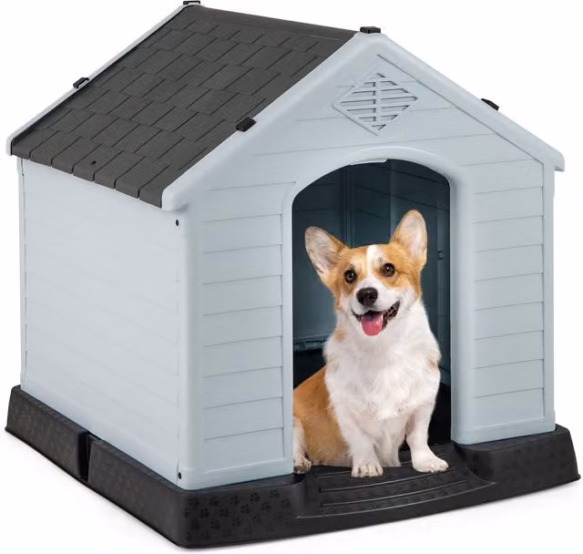 Caseta para perros de plástico NORTHIO en color gris con suelo elevado y techo impermeable y removible