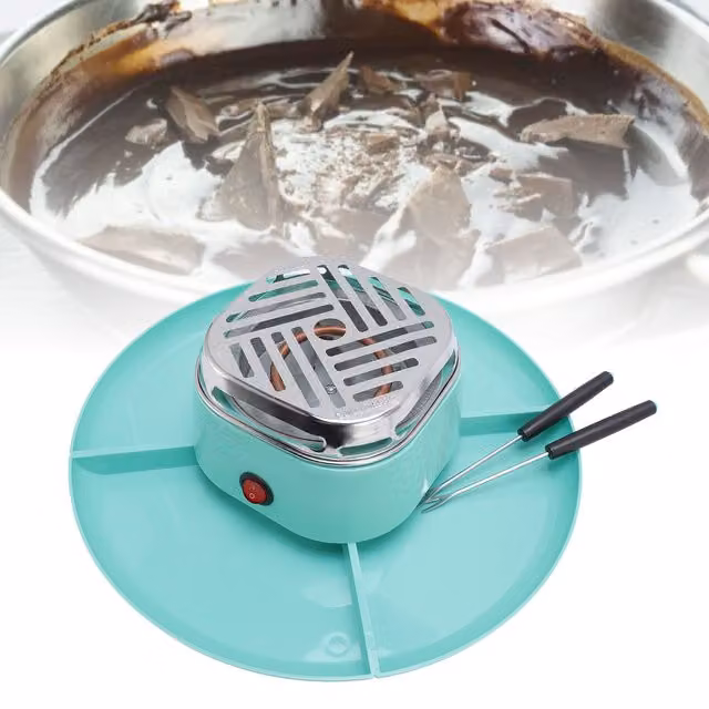 Juego de fondue eléctrica para chocolate Infinite en color turquesa con termostato ajustable, 4 placas extraíbles y 8 accesorios de acero inoxidable y plástico
