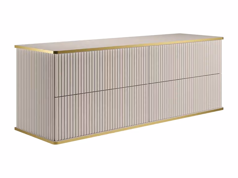 Mueble de lavabo suspendido estriado con ribete dorado y 4 cajones KELIZA - Beige y Oro - Ancho: 150 cm
