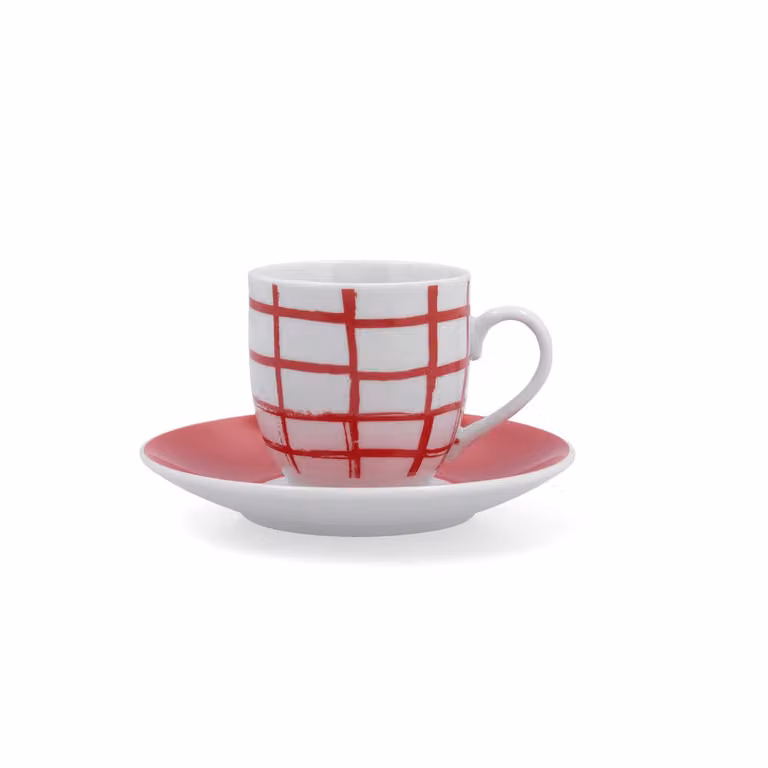 Juego de 6 tazas de café con plato Kansas de Quid en porcelana blanca y roja de 9 cl