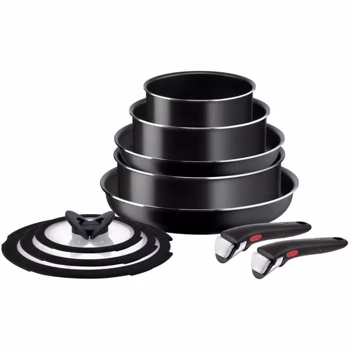 Batería de cocina Tefal Ingenio Easy Cook N Clean de 10 piezas en aluminio negro con antiadherente para gas y vitrocerámica