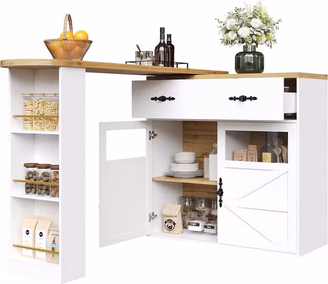 Mesa de bar extensible Stilvora con tablero giratorio 360 grados, 1 cajón y 3 estantes en MDF, color blanco, An/P/Al: 138-204 x 39 x 104 cm