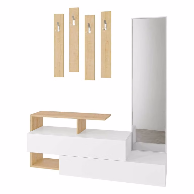 Mueble de entrada Dmora con efecto madera roble y acabado blanco mate, An: 137 cm, P: 35 cm, Al: 55 cm
