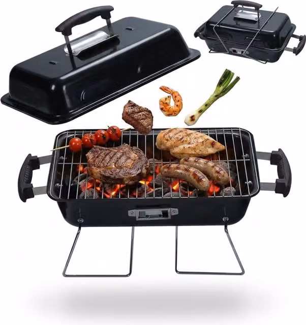 Parrilla de mesa plegable portátil de acero negra con tapa y ventilación para camping relaxdays An/P/Al: 56 x 36 x 30,5 cm